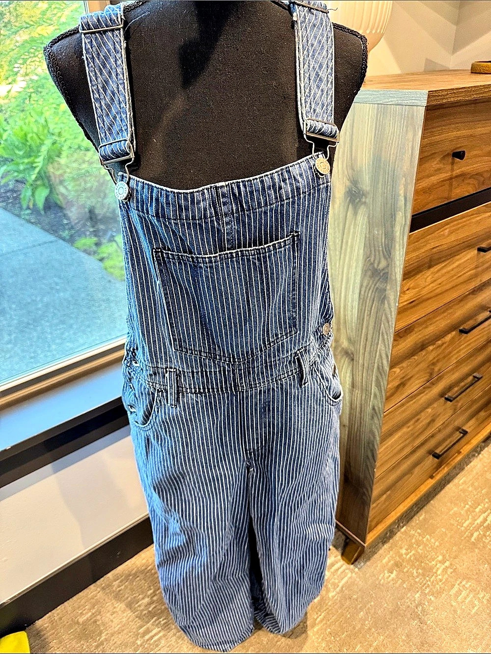 BDG Hickory Stripe Denim Overalls Blue & White Small